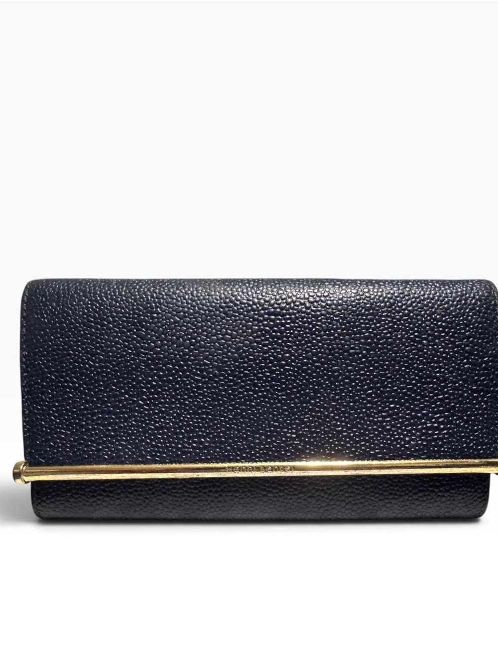 Henri Bendel Navy Pebbled Leather Wallet with Gold Accent